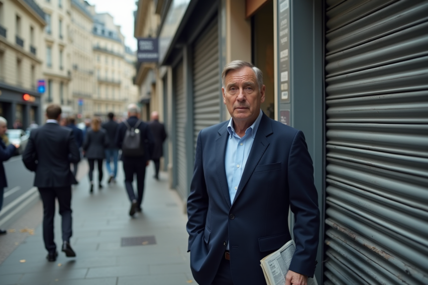 Homme d'âge moyen devant une banque parisienne fermée
