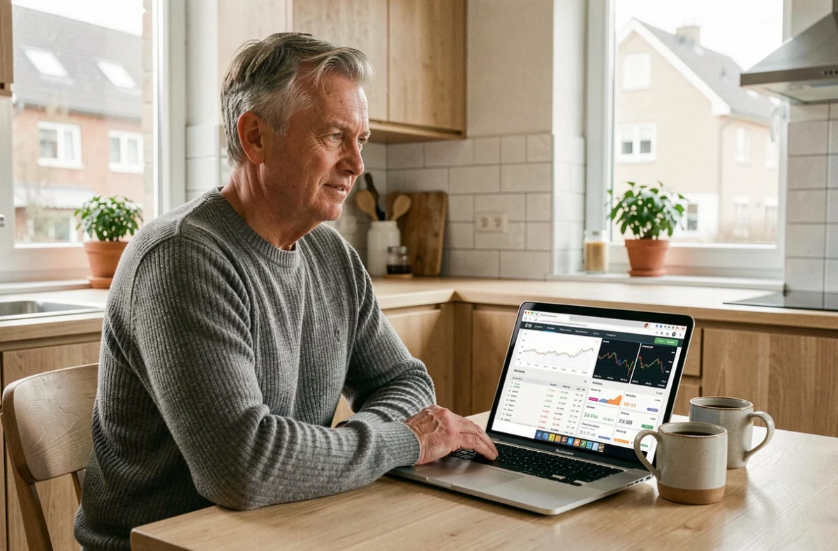 Homme consultant un tableau de bord d'investissement en SCPI depuis son domicile, avec données immobilières européennes sur écran