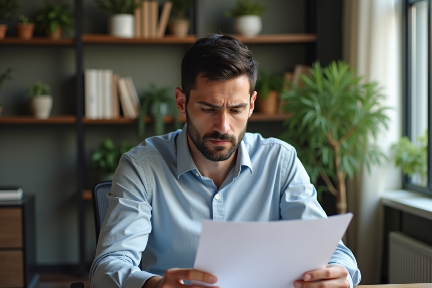 Homme d affaires lisant des documents d assurance dans un bureau moderne