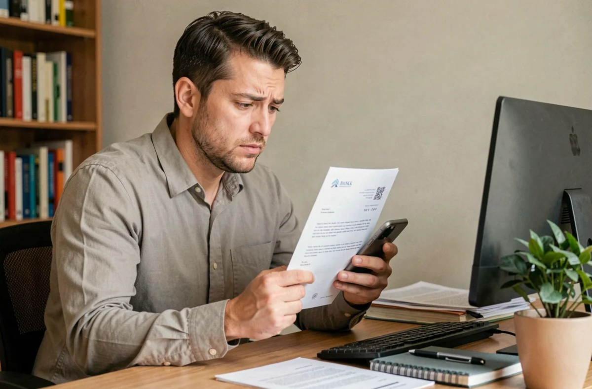 Homme consultant une lettre bancaire et son téléphone pour comprendre sa responsabilité sur un compte joint
