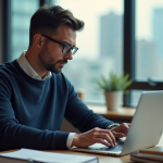 Homme en bureau comparant sites de courtier en ligne