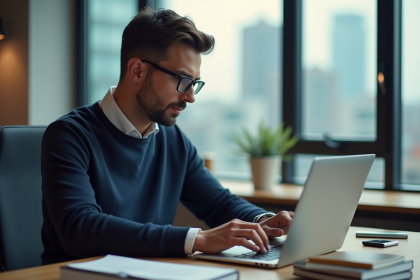 Homme en bureau comparant sites de courtier en ligne