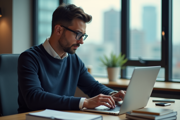 Homme en bureau comparant sites de courtier en ligne