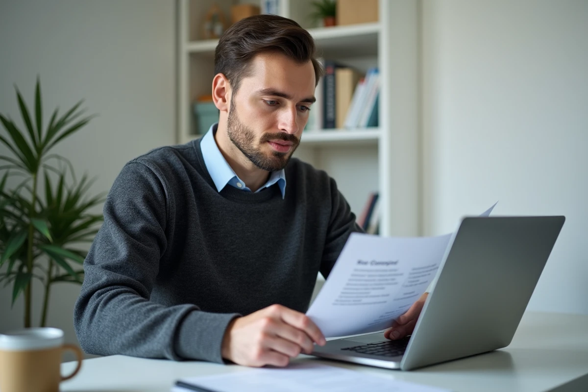 Homme consultant les numéros de téléphone Cetelem sur son ordinateur portable