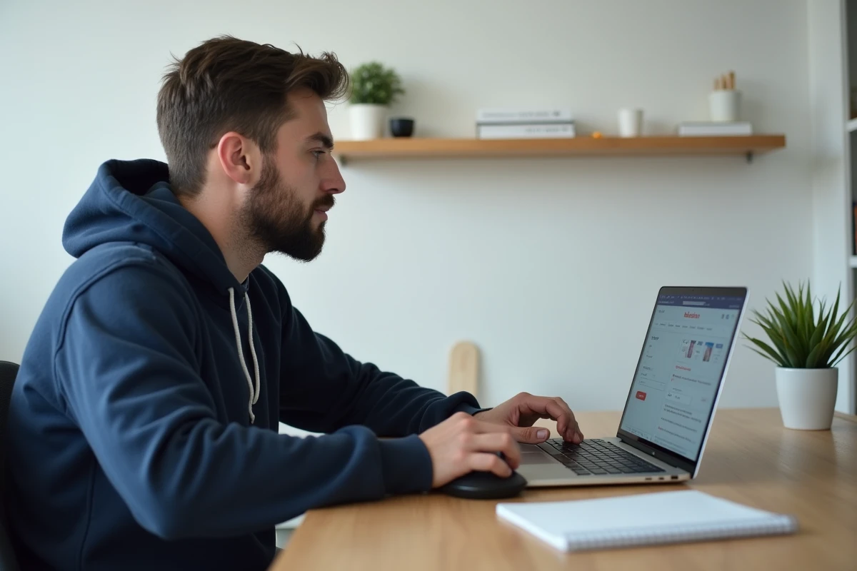 Homme sur son ordinateur portable complétant un paiement en ligne via PayPal sur un site de e-commerce type Amazon