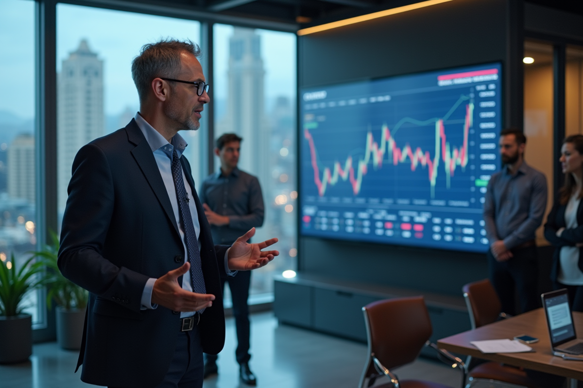 Homme expliquant les statistiques Ethereum à ses collègues