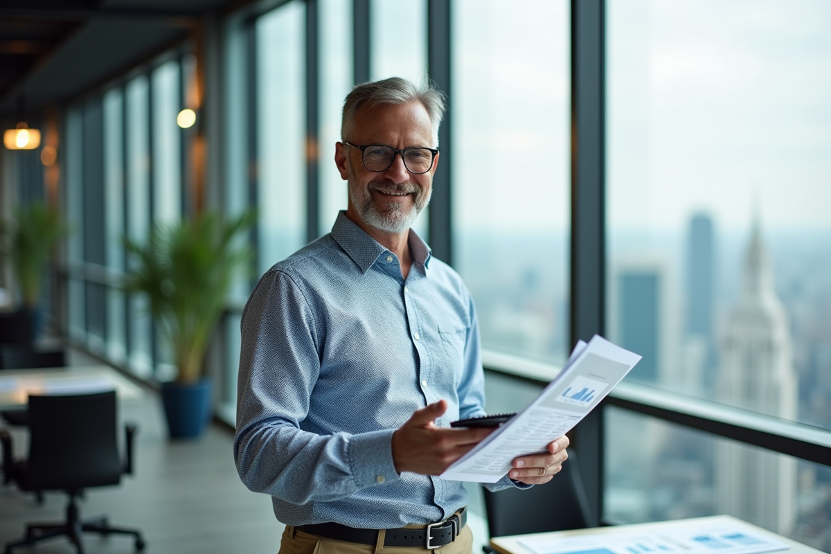 Homme d âge moyen analysant des rapports immobiliers