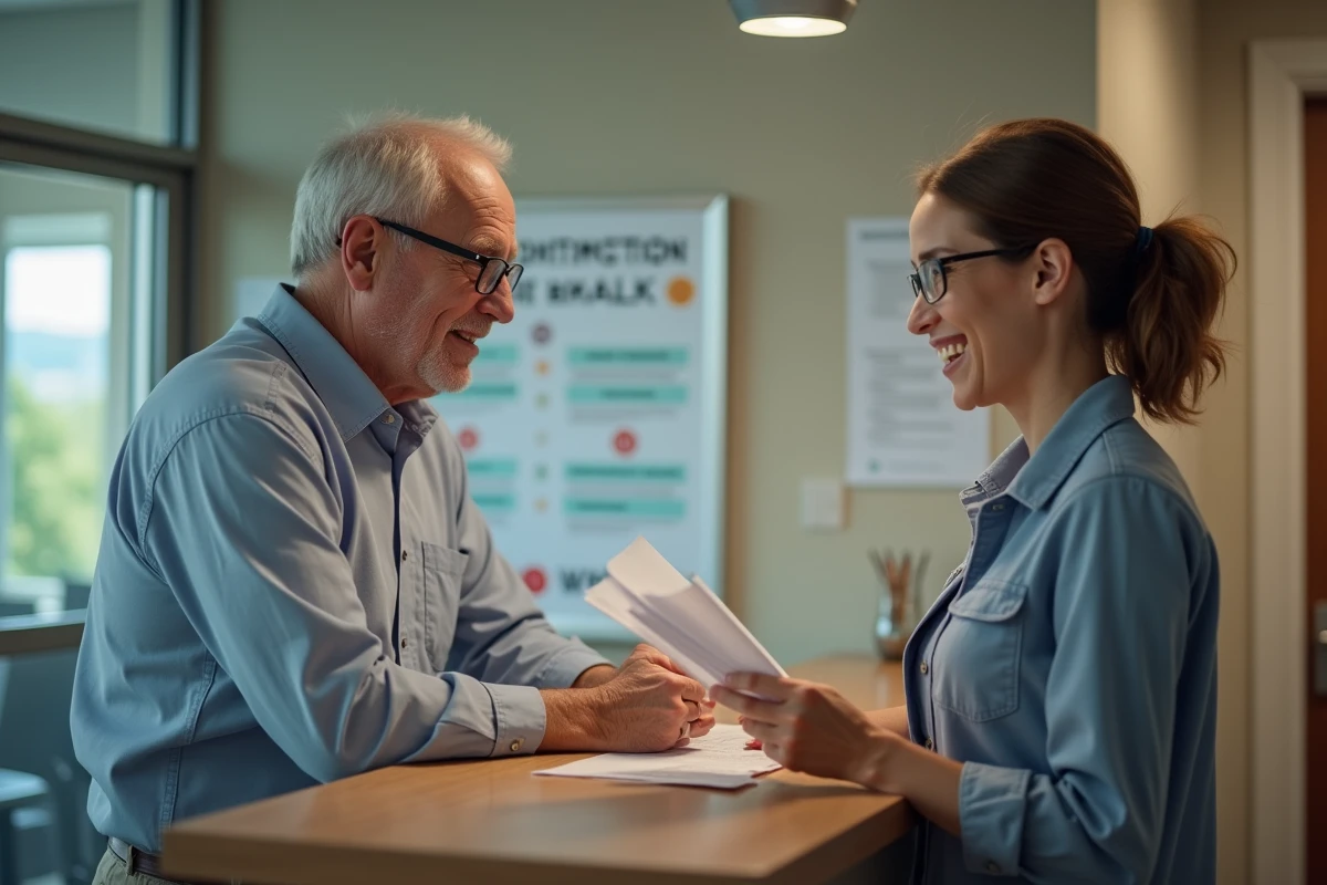 Homme et femme discutant à un comptoir administratif