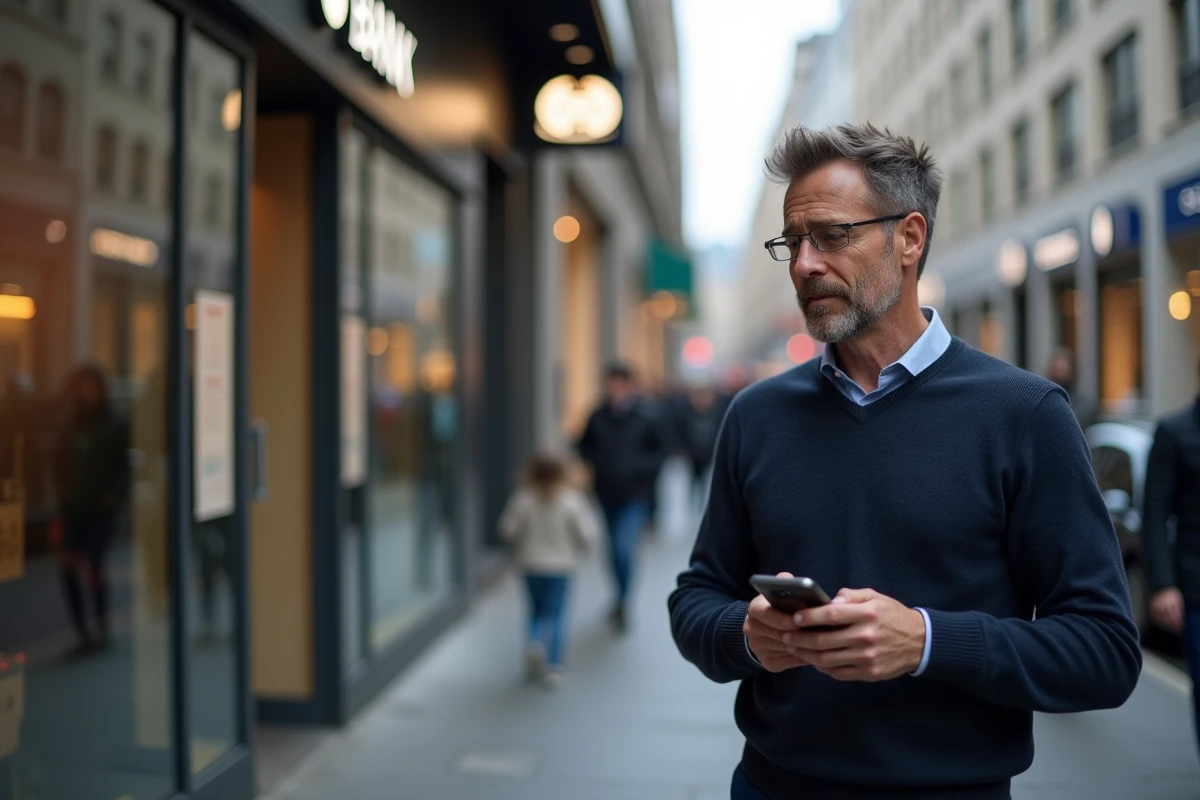 Homme cherchant un distributeur de billets proche sur son smartphone en centre-ville