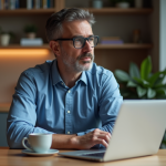 Homme pensif avec ordinateur et café sur une table de cuisine