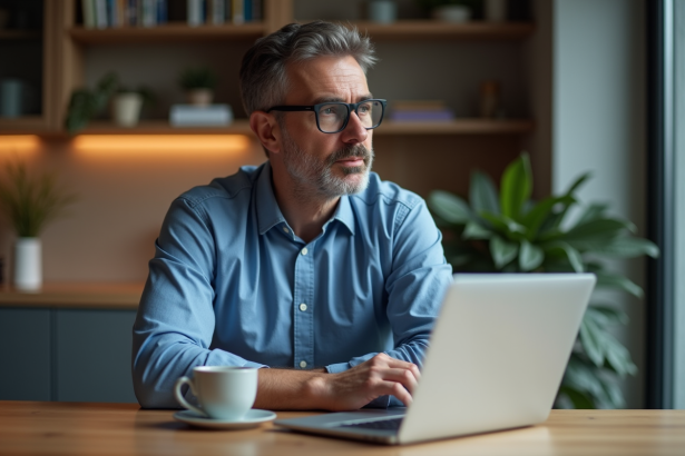 Homme pensif avec ordinateur et café sur une table de cuisine