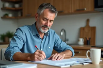 Homme d'âge moyen remplissant une déclaration CERFA à la maison