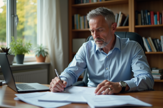 Homme d'âge moyen étudiant ses papiers de retraite