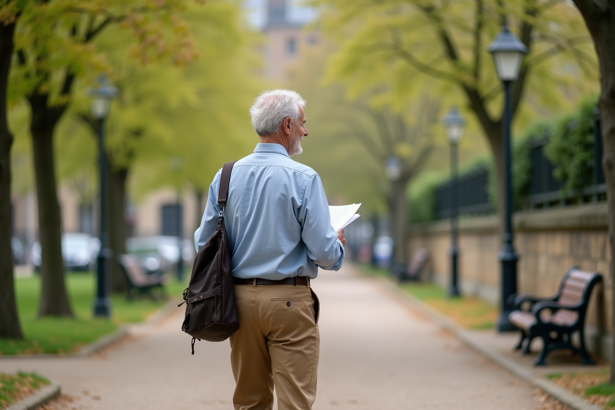 Homme retraité marchant dans un parc en vérifiant ses papiers