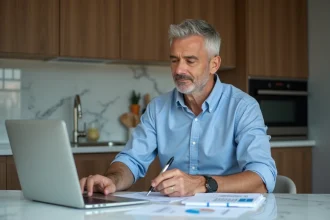 Homme d'âge moyen en revue financière dans une cuisine moderne
