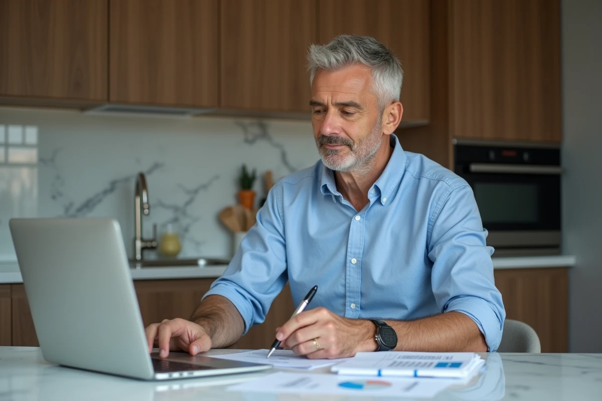 Homme d'âge moyen en revue financière dans une cuisine moderne