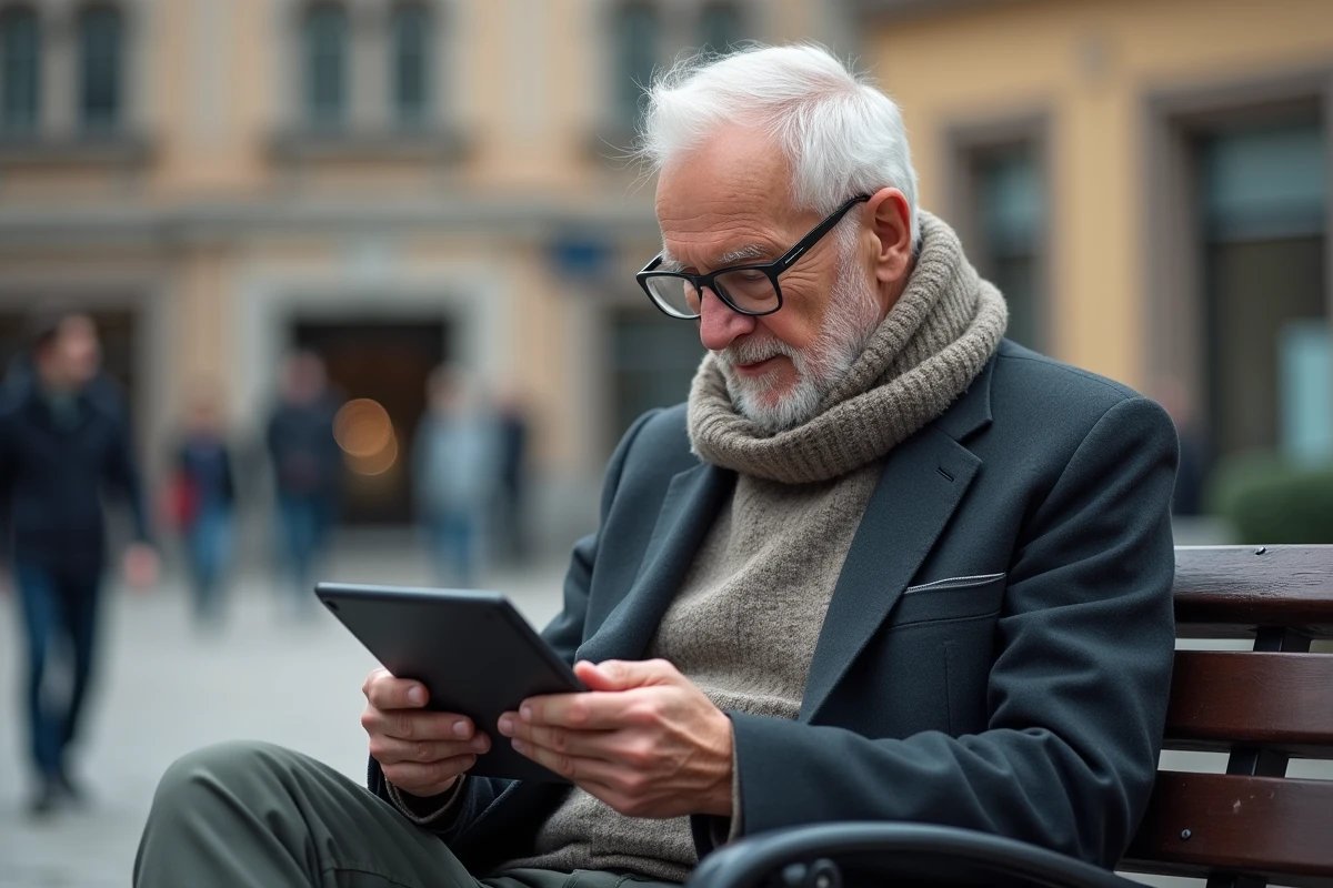 Homme âgé regardant une tablette en plein air