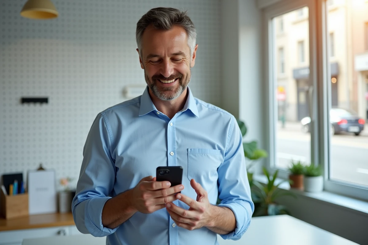 Homme consultant une confirmation de paiement sécurisé sur smartphone pour une cagnotte en ligne