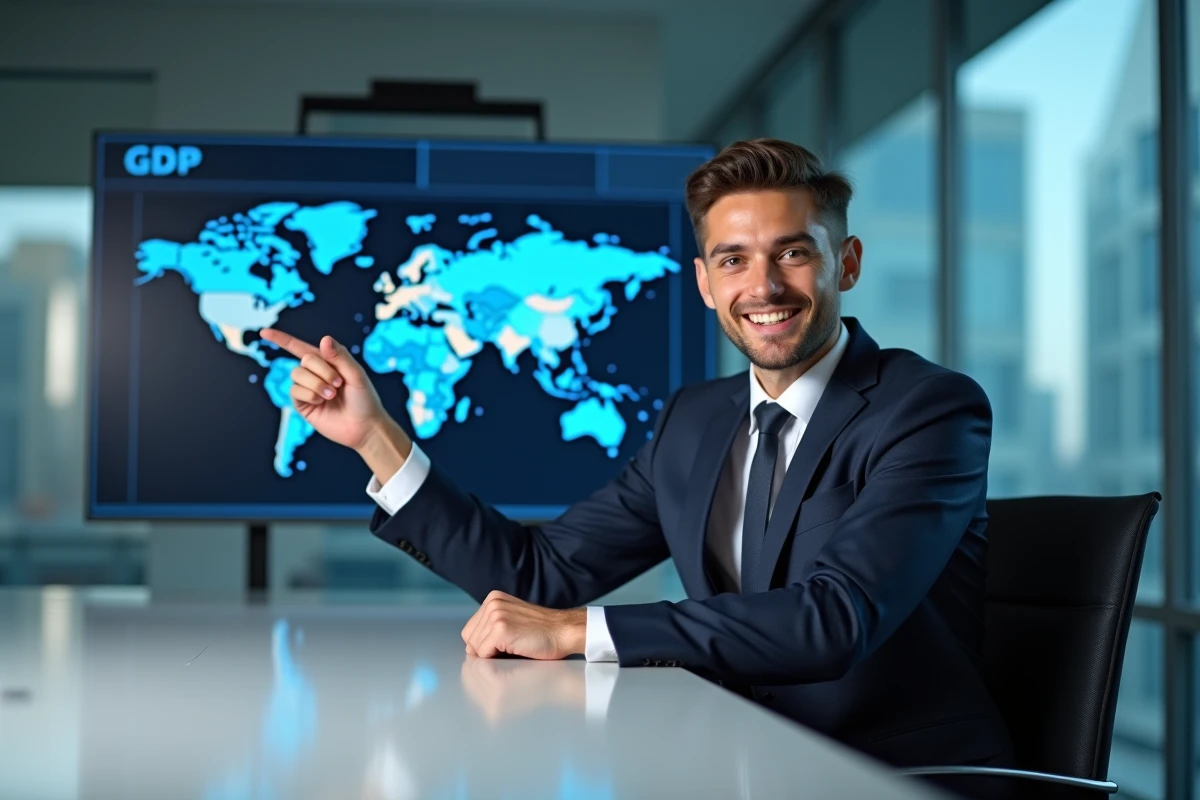 Jeune homme en costume pointant une carte digitale en réunion