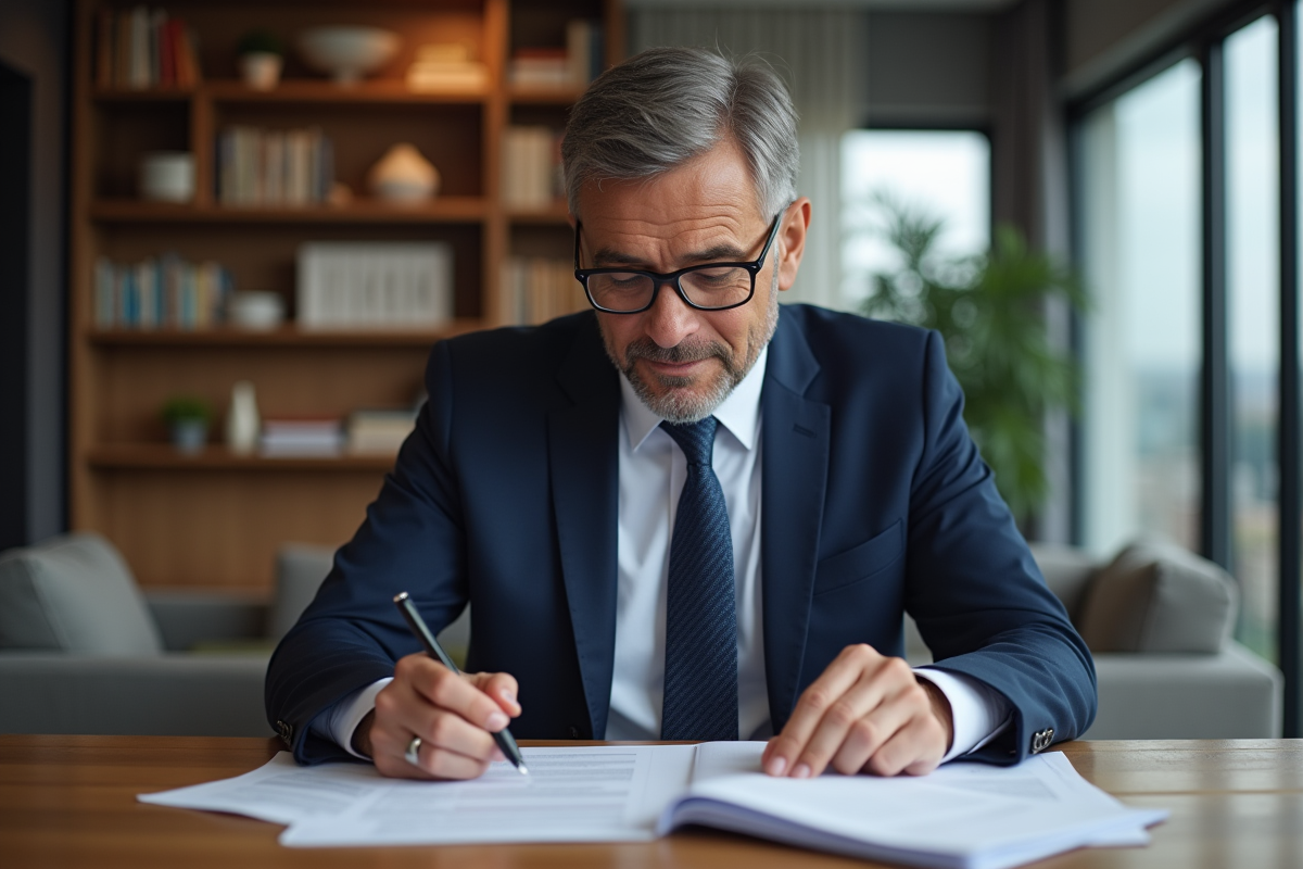 Homme en costume bleu examinant des documents dans un appartement moderne