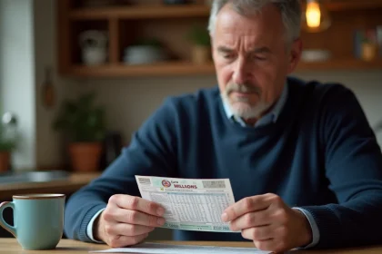 Homme examinant un ticket EuroMillions Étoile Plus à la table de sa cuisine, calculant le coût réel de sa mise