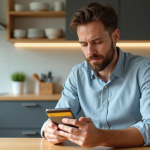 Homme d age moyen utilisant sa carte prépayée à la maison