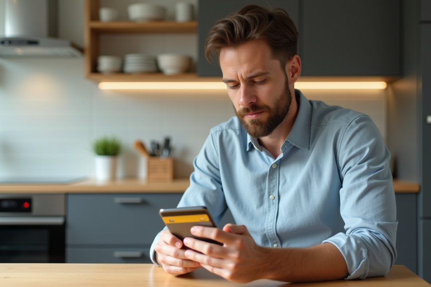 Homme d age moyen utilisant sa carte prépayée à la maison