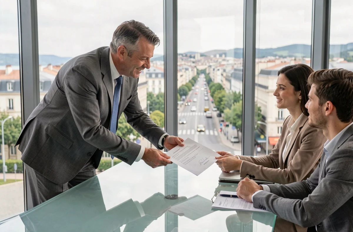 Courtier Immoprêt Pau remettant une offre de prêt immobilier à un couple de clients avec vue sur la ville