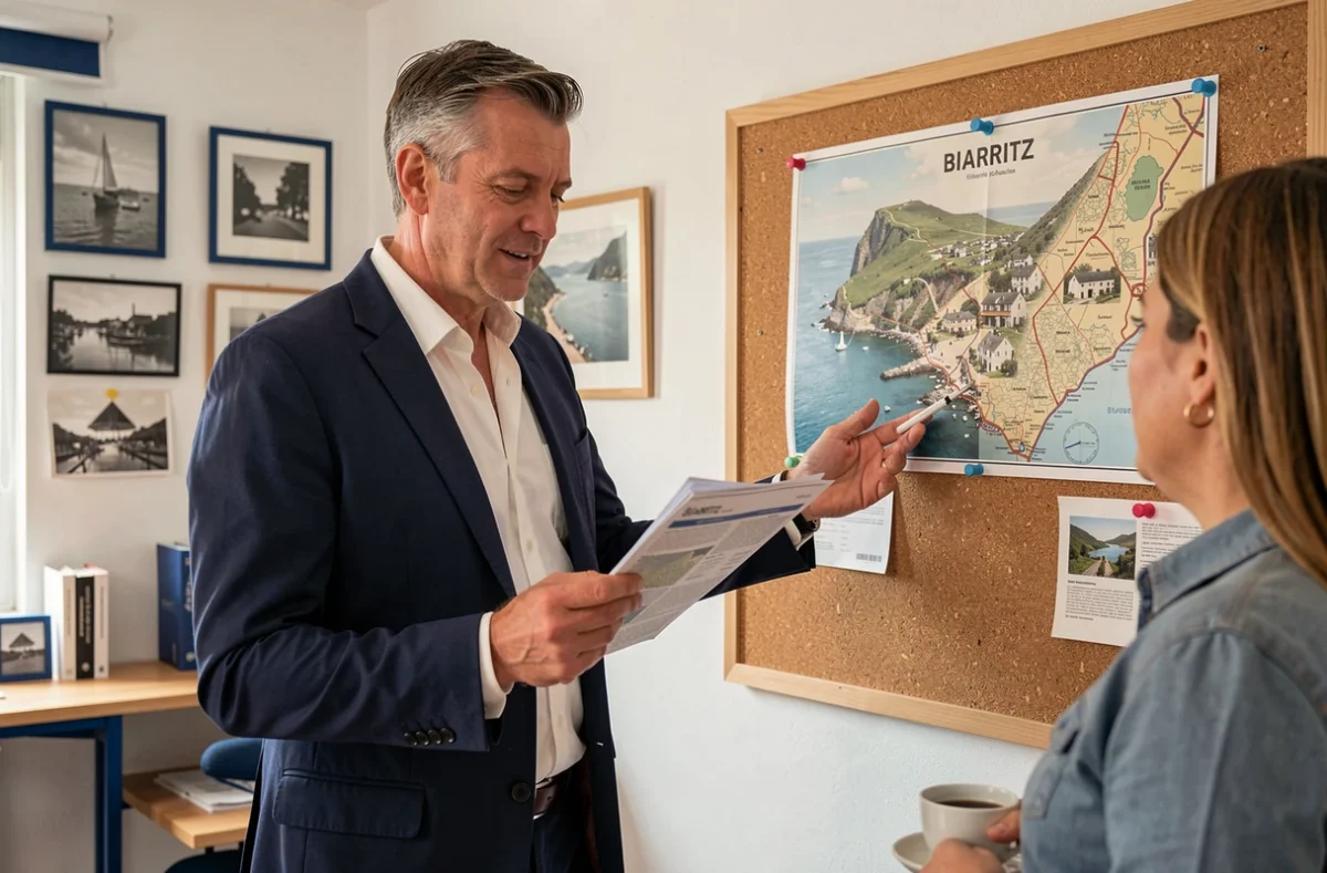 Conseiller IN&FI Crédits Biarritz examinant un dossier immobilier avec des clients dans un bureau au décor basque côtier