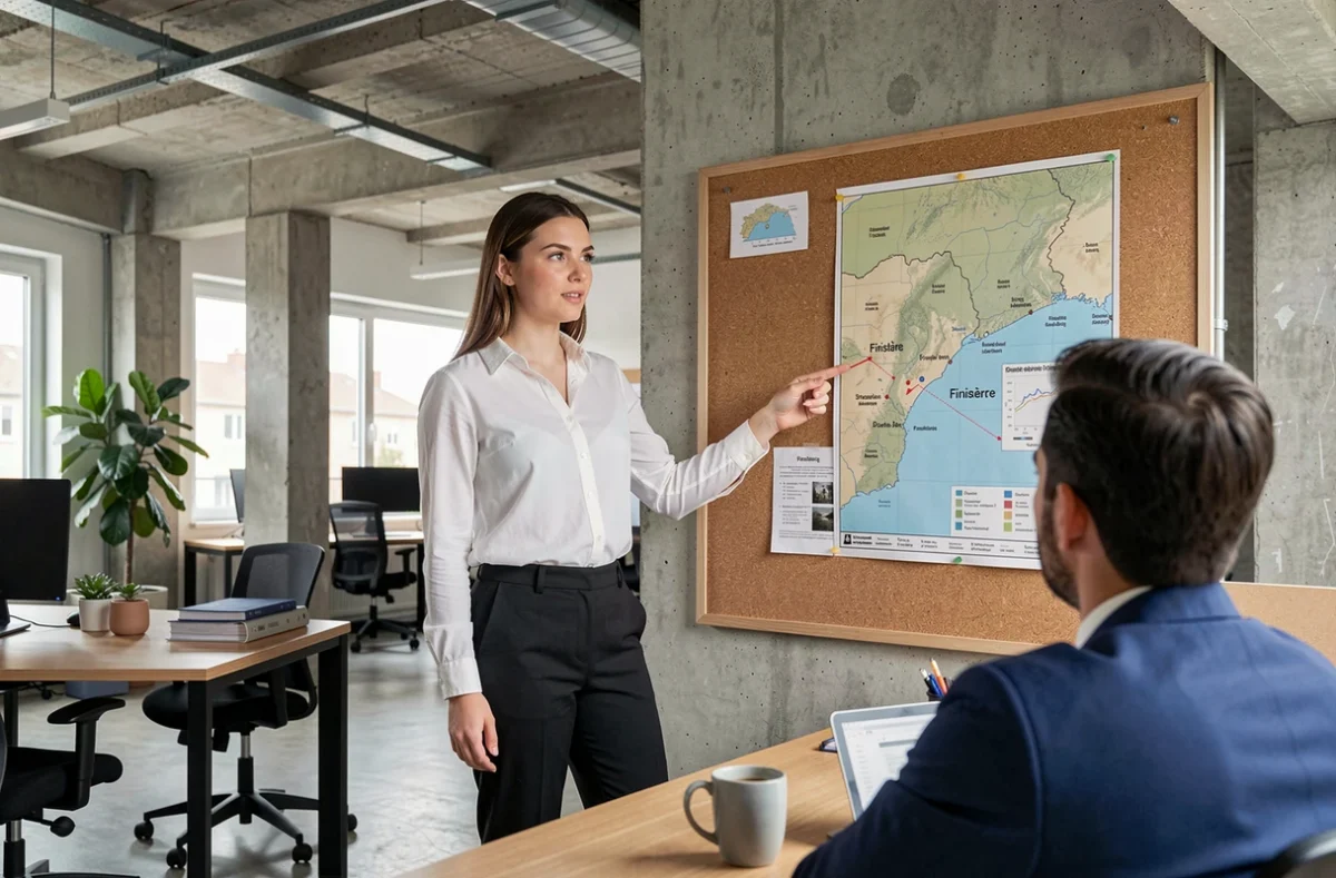 Analyste de l'antenne Bretagne d'investissement-locatif.com présentant une stratégie d'investissement dans le Finistère sur une carte régionale