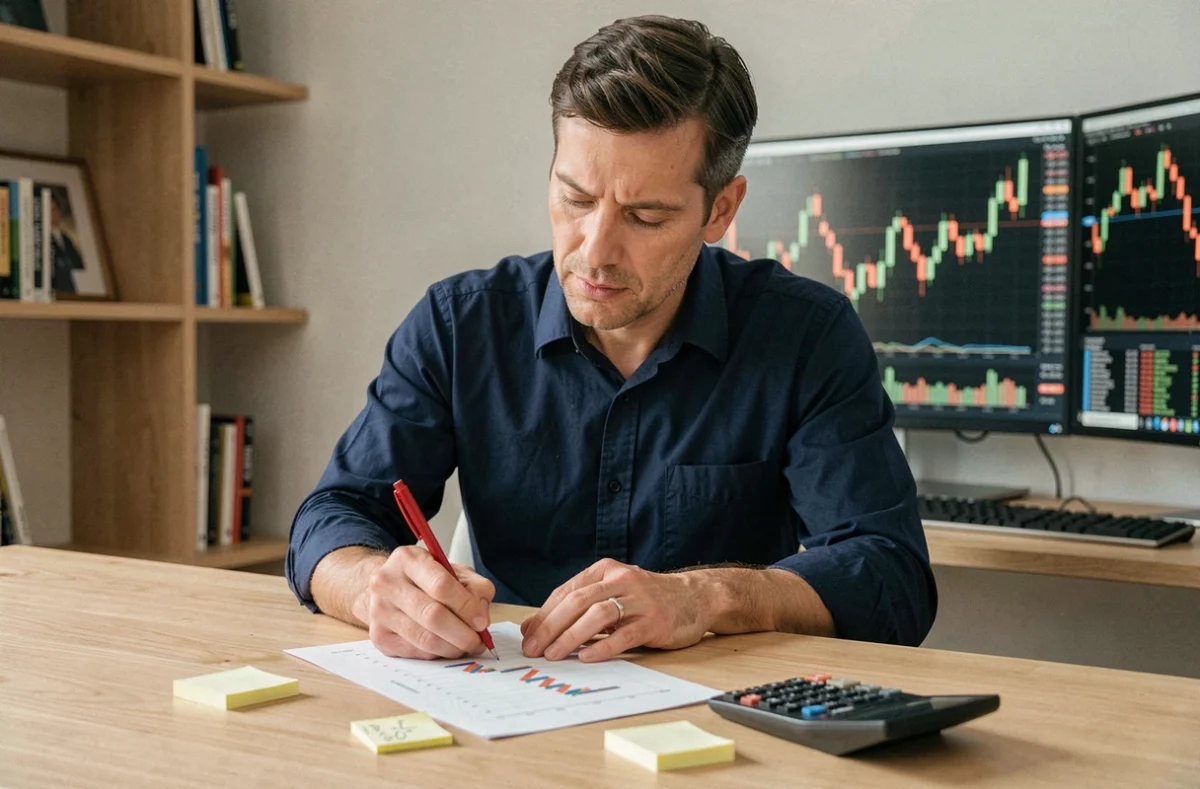 Investisseur annotant un graphique boursier avec encadrement du risque sur turbo en bourse