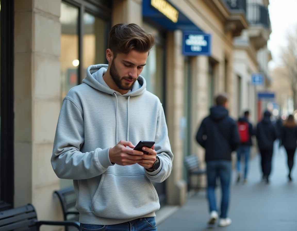 Jeune adulte devant une agence Société Générale utilisant l'application mobile bancaire sur son smartphone