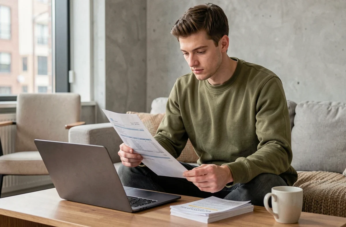 Jeune adulte remplissant sa déclaration fiscale formulaire 2041-DPTF-SD depuis son appartement avec un ordinateur portable