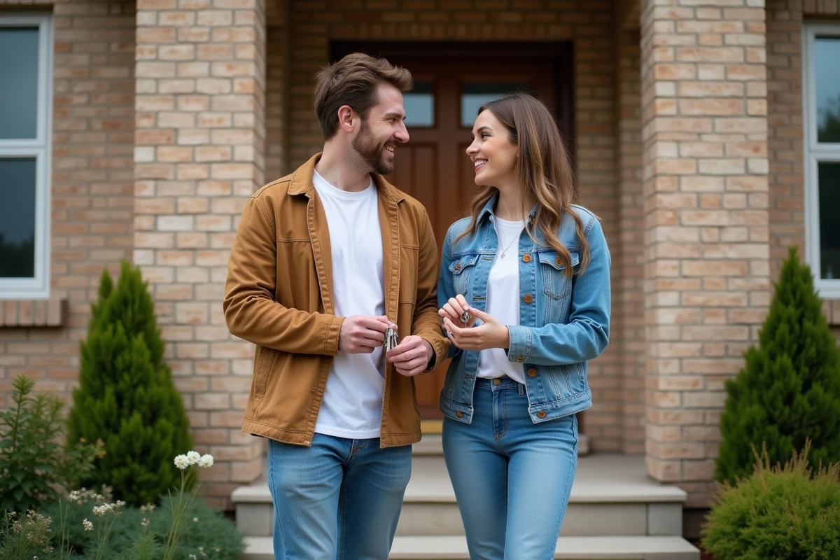 Jeune couple heureux devant leur nouvelle maison avec clés en main
