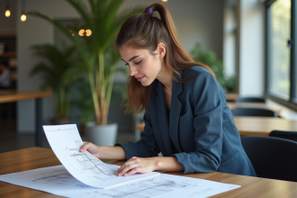 Jeune femme en blazer étudie des plans architecturaux