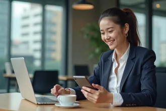 Jeune femme professionnelle souriante avec smartphone au bureau