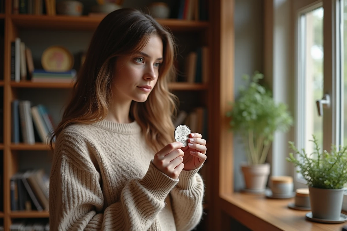 Jeune femme contemplant une pièce de 50 Francs 1977 en collection