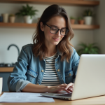 Jeune femme lisant une notification d'approbation dans une cuisine lumineuse