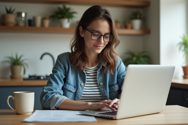 Jeune femme lisant une notification d'approbation dans une cuisine lumineuse