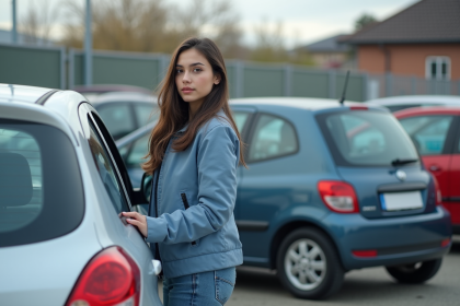 Jeune femme examine une voiture d'occasion en ville