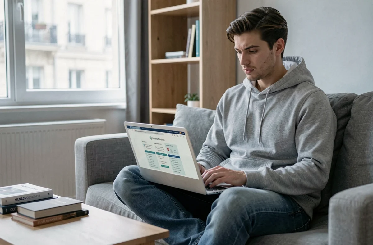 Jeune homme qui compare des mutuelles santé en ligne sur son ordinateur portable dans son appartement