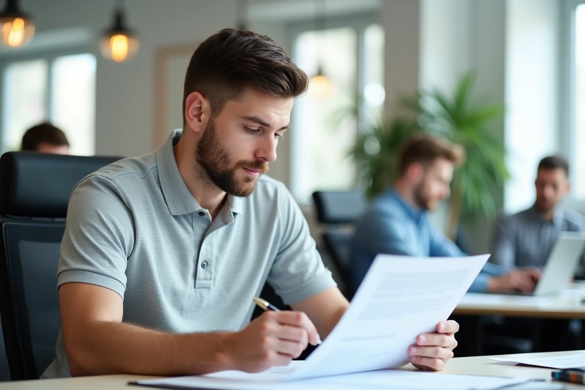 Jeune homme étudiant un contrat de travail temporaire dans un bureau suisse, en lien avec la législation sur le salaire minimum