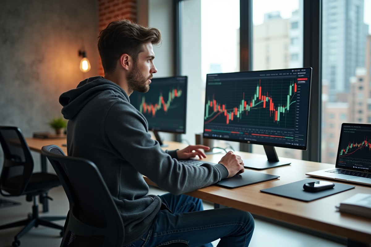Jeune homme concentré dans un bureau moderne avec écrans crypto