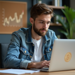 Jeune homme concentré devant un ordinateur avec un logo Dogecoin