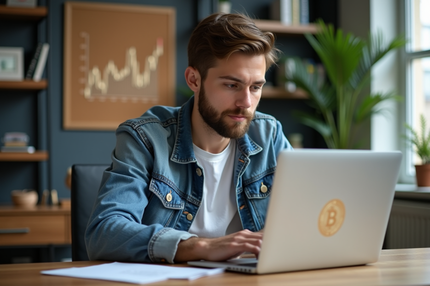Jeune homme concentré devant un ordinateur avec un logo Dogecoin