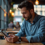 Jeune homme examine un tablet avec graphiques crypto
