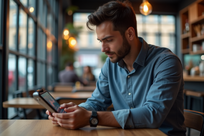 Jeune homme examine un tablet avec graphiques crypto
