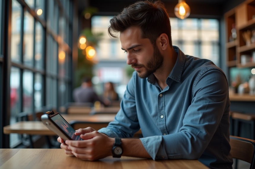 Jeune homme examine un tablet avec graphiques crypto