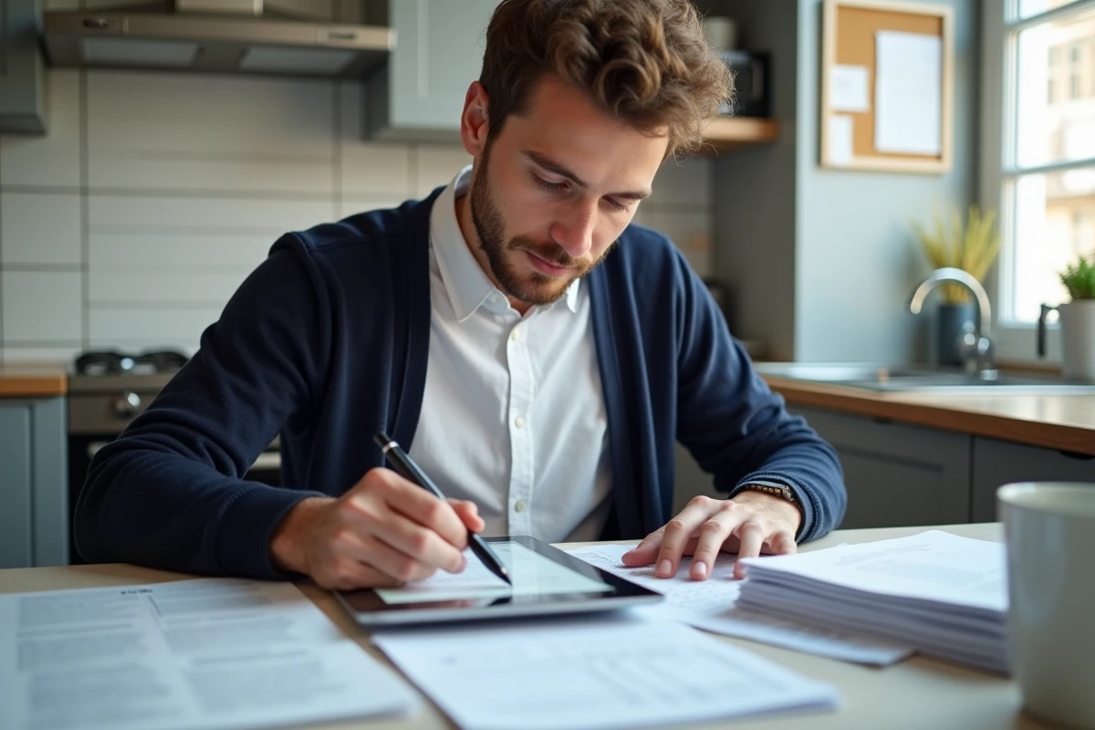 Jeune homme lisant un PDF dans une cuisine lumineuse