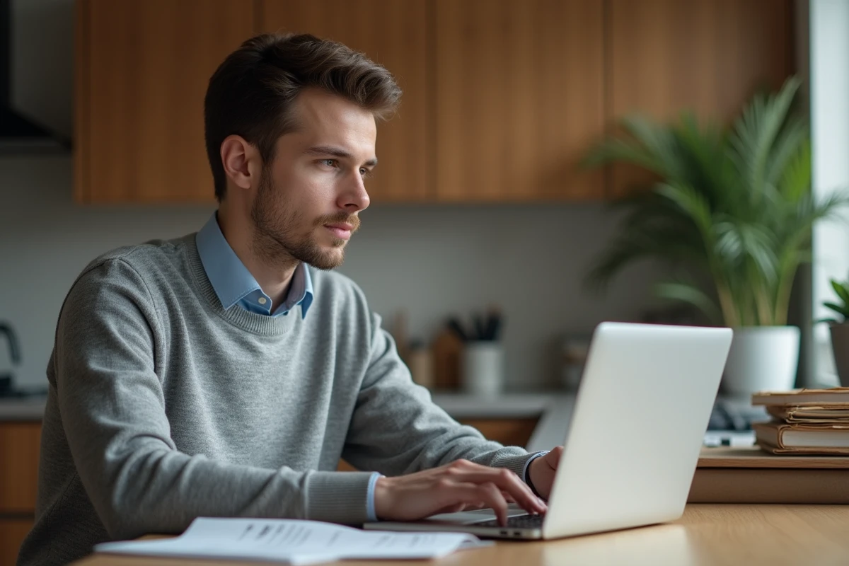Jeune homme étudiant ses finances à la maison